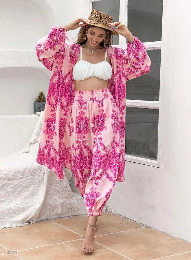 Take Two Take Two All-Over Print Kimono and Wide Leg Pants Co-Ords