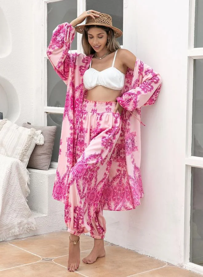 Take Two Take Two All-Over Print Kimono and Wide Leg Pants Co-Ords