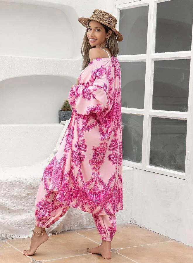 Take Two Take Two All-Over Print Kimono and Wide Leg Pants Co-Ords