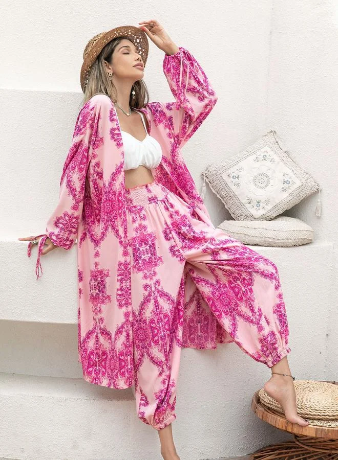 Take Two Take Two All-Over Print Kimono and Wide Leg Pants Co-Ords