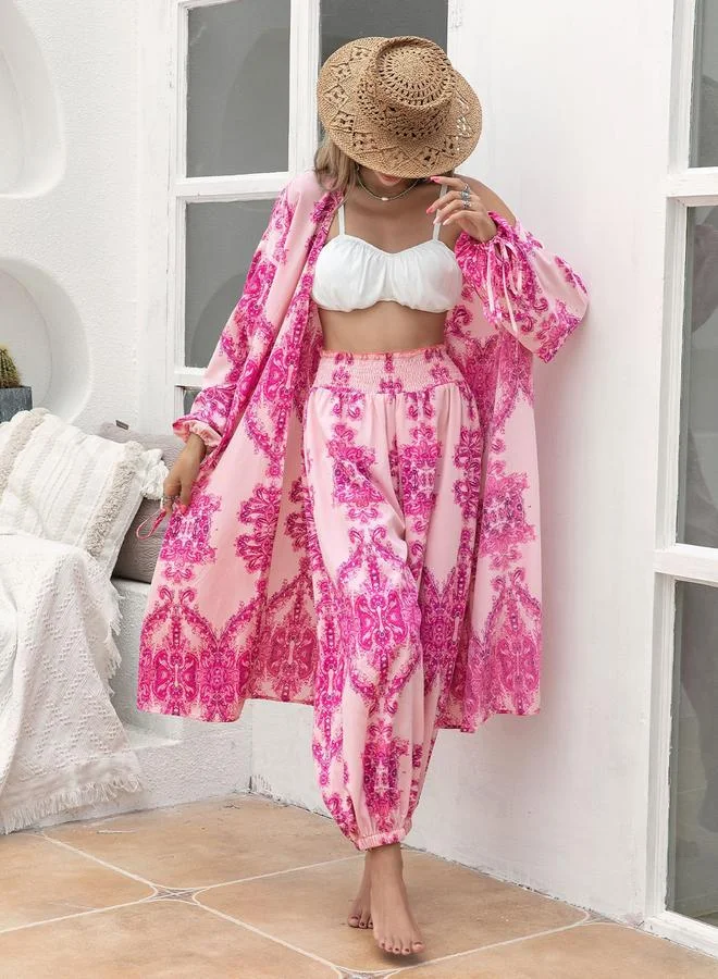 Take Two Take Two All-Over Print Kimono and Wide Leg Pants Co-Ords