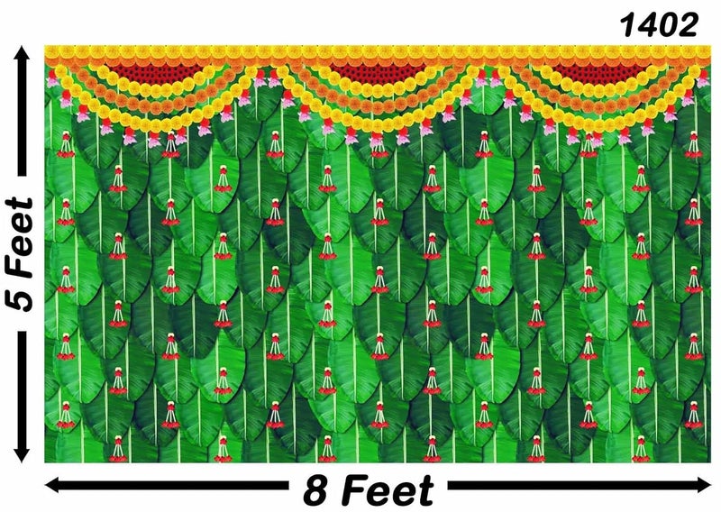 Backdropon Banana Leaf with Red Hanging Flowers Design Backdrop Cloth for Pooja Decoration Traditional Background Curtain Cloth for Festival Size 5 Feet Height and 8 Feet Width(5 * 8) - Image 3