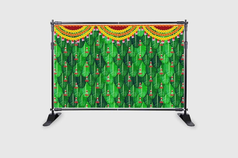 Backdropon Banana Leaf with Red Hanging Flowers Design Backdrop Cloth for Pooja Decoration Traditional Background Curtain Cloth for Festival Size 5 Feet Height and 8 Feet Width(5 * 8) - Image 2