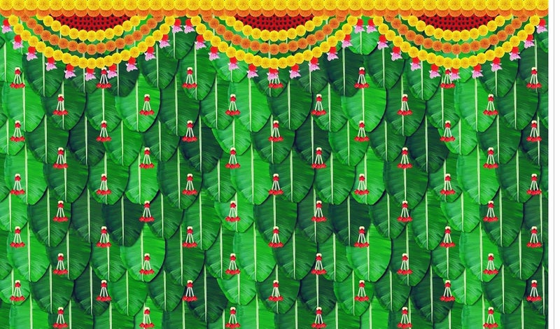 Backdropon Banana Leaf with Red Hanging Flowers Design Backdrop Cloth for Pooja Decoration Traditional Background Curtain Cloth for Festival Size 5 Feet Height and 8 Feet Width(5 * 8) - Image 1