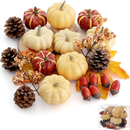 Artgar Pumpkin Decor Set, 23 PCS Fall Harvest Decorations Including Mini Pumpkins, Acorns, Pinecones, Berries, Maple Leaves for Home Table Wedding DIY Fall Halloween Thanksgiving Decor - Image 1