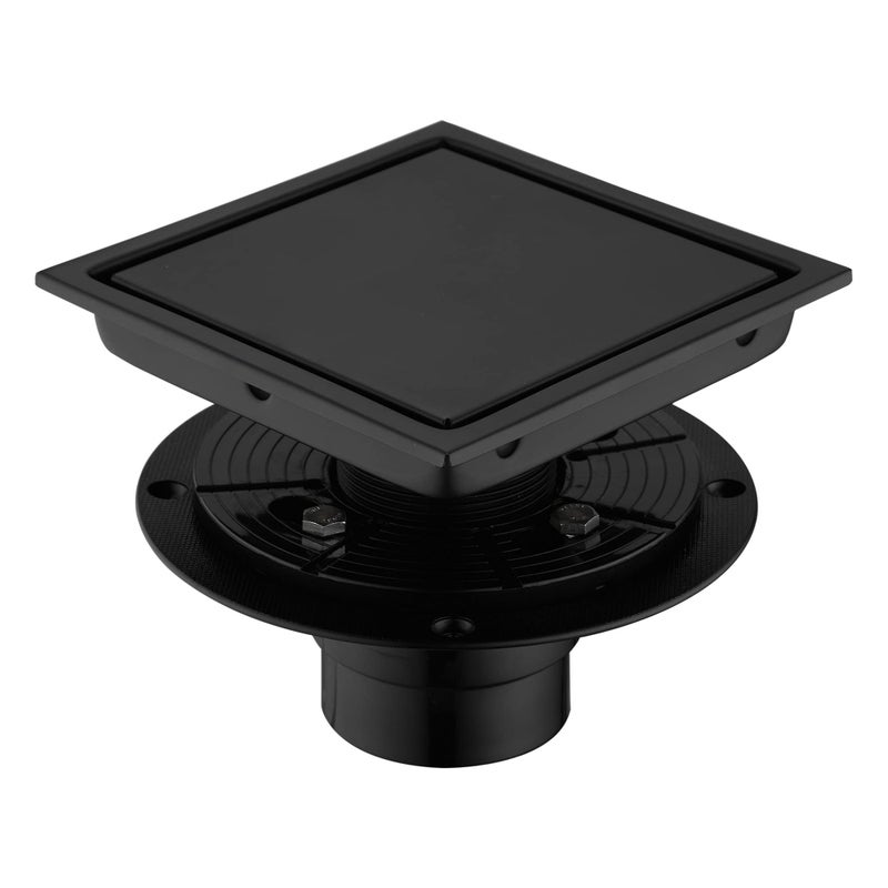 Orhemus 6 Inch Square Design Tilein Shower Drain with Adjustable Shower Drain Base Flange SUS 304 Stainless Steel Floor Drain with Tile Insert Grate Removable Cover Matte Black