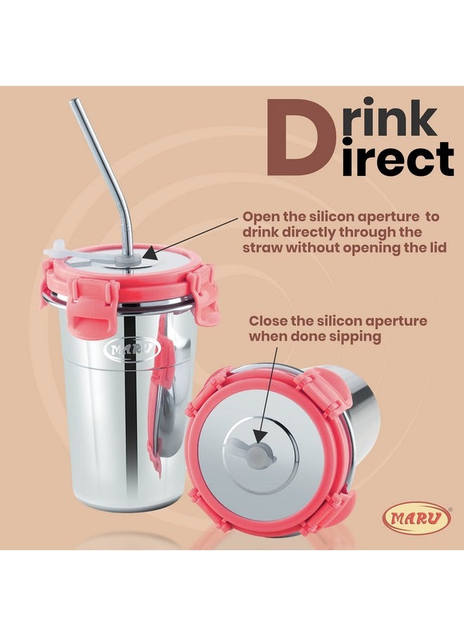 MARU MARU Stainless Steel Tumbler with Silicon Aperture Steel Lid Leak Proof Set of 2 pcs with 2 Straws 1 Brush | Glass Tumbler Steel lid | Steel Glass with Lid Capacity 400ML (Ice Pink)  - Image 2