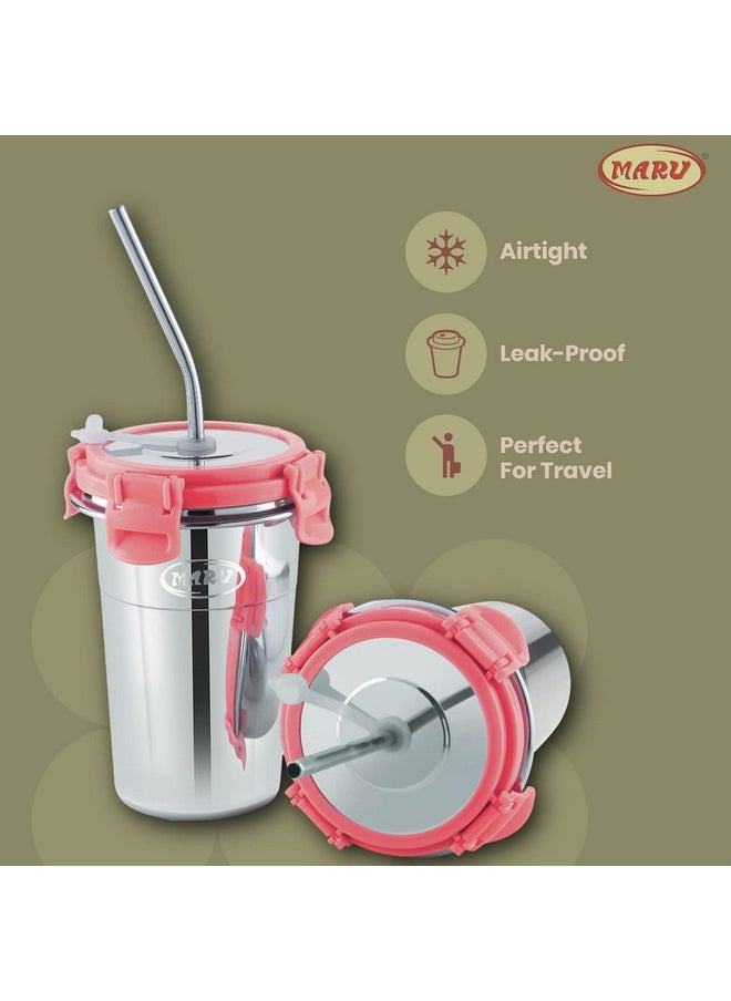 MARU MARU Stainless Steel Tumbler with Silicon Aperture Steel Lid Leak Proof Set of 2 pcs with 2 Straws 1 Brush | Glass Tumbler Steel lid | Steel Glass with Lid Capacity 400ML (Ice Pink)  - Image 3
