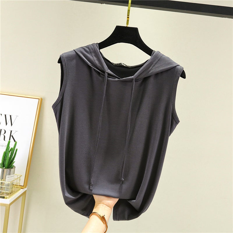 Modal Hooded T-Shirt Women'S Summer Thin Loose Large Size Sleeveless Base Shirt Casual Home Vest Sunscreen Top - Image 1