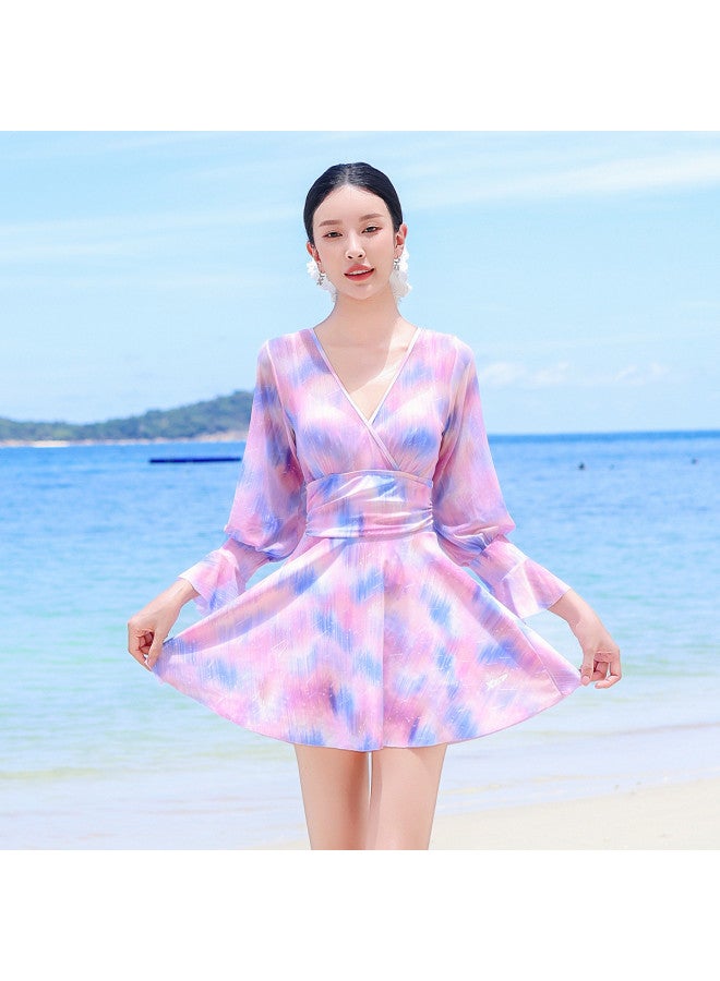 إكستيب ملابس السباحة النسائية ذات الأكمام الطويلة، قطعة واحدة محافظة بأسلوب فستان، طباعة عصرية فاخرة، تصميم نحيف يغطي البطن، مثالية لإجازات السباحة - Image 4