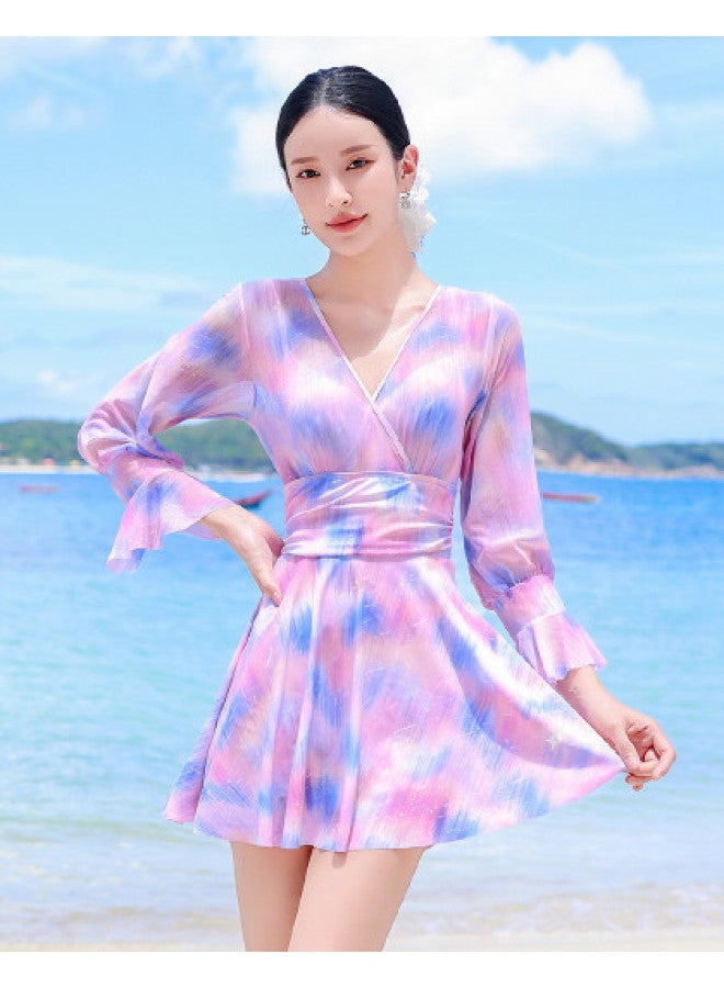 إكستيب ملابس السباحة النسائية ذات الأكمام الطويلة، قطعة واحدة محافظة بأسلوب فستان، طباعة عصرية فاخرة، تصميم نحيف يغطي البطن، مثالية لإجازات السباحة - Image 1