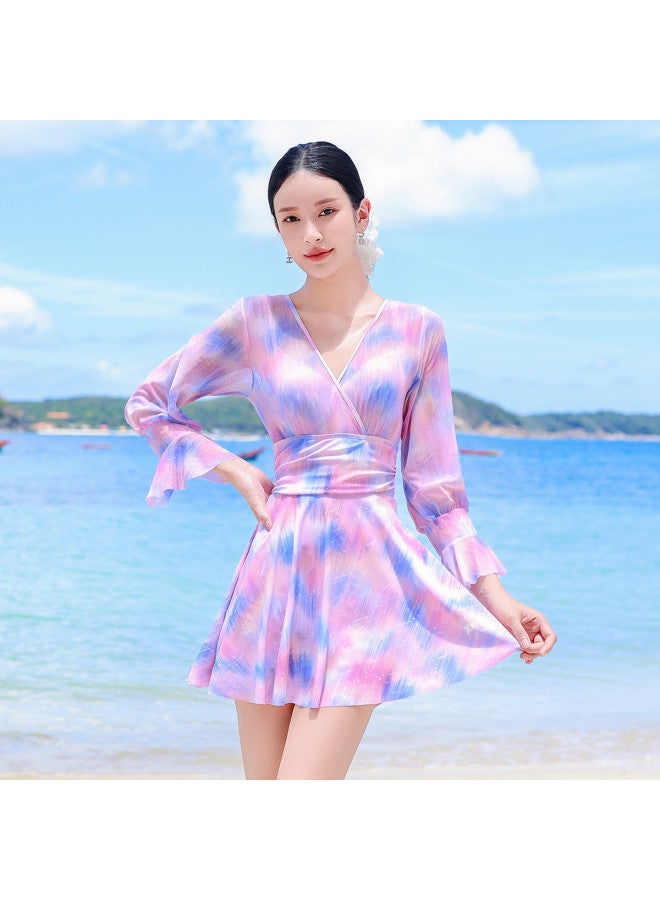 إكستيب ملابس السباحة النسائية ذات الأكمام الطويلة، قطعة واحدة محافظة بأسلوب فستان، طباعة عصرية فاخرة، تصميم نحيف يغطي البطن، مثالية لإجازات السباحة - Image 2