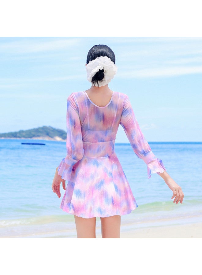 إكستيب ملابس السباحة النسائية ذات الأكمام الطويلة، قطعة واحدة محافظة بأسلوب فستان، طباعة عصرية فاخرة، تصميم نحيف يغطي البطن، مثالية لإجازات السباحة - Image 3