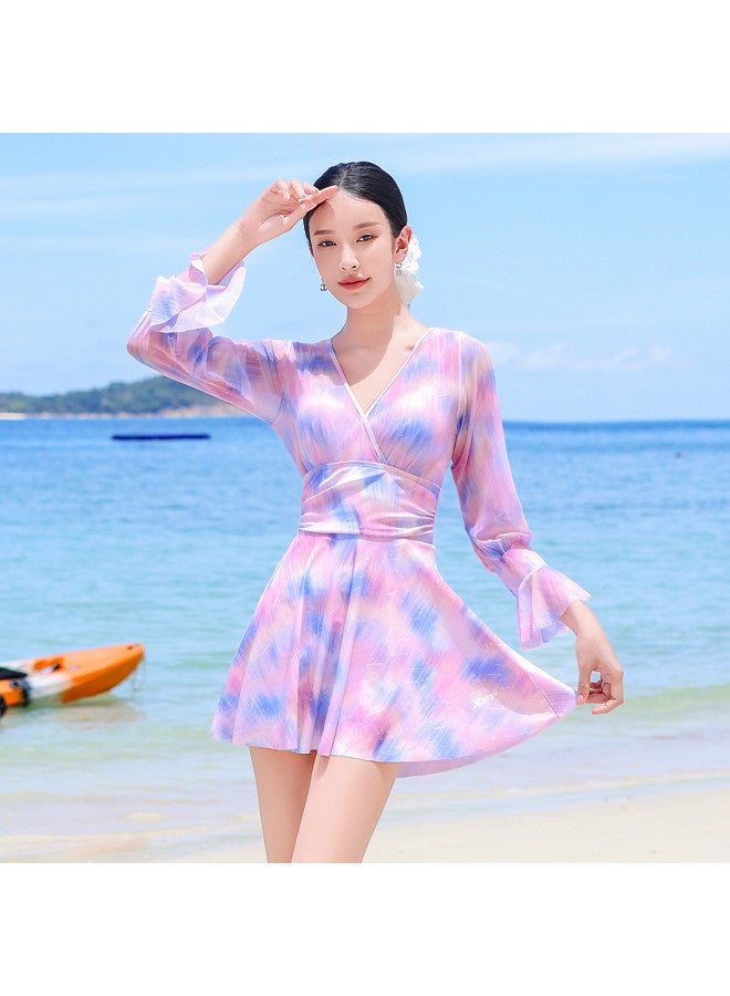 إكستيب ملابس السباحة النسائية ذات الأكمام الطويلة، قطعة واحدة محافظة بأسلوب فستان، طباعة عصرية فاخرة، تصميم نحيف يغطي البطن، مثالية لإجازات السباحة - Image 5