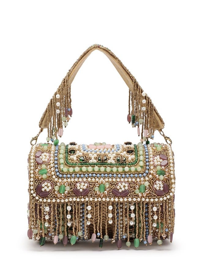 Anekaant Blush & Bead Embellished Gold Velvet Clutch for Women | Designer Handbag for Weddings & Parties - Image 1