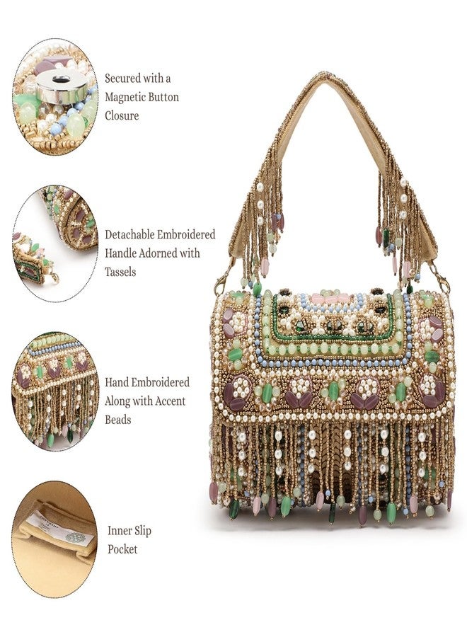 Anekaant Blush & Bead Embellished Gold Velvet Clutch for Women | Designer Handbag for Weddings & Parties - Image 3
