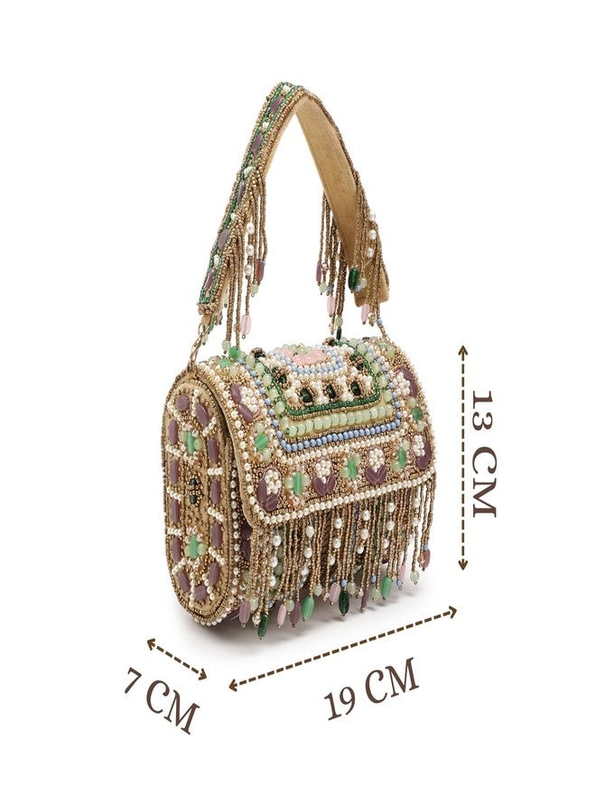 Anekaant Blush & Bead Embellished Gold Velvet Clutch for Women | Designer Handbag for Weddings & Parties - Image 5