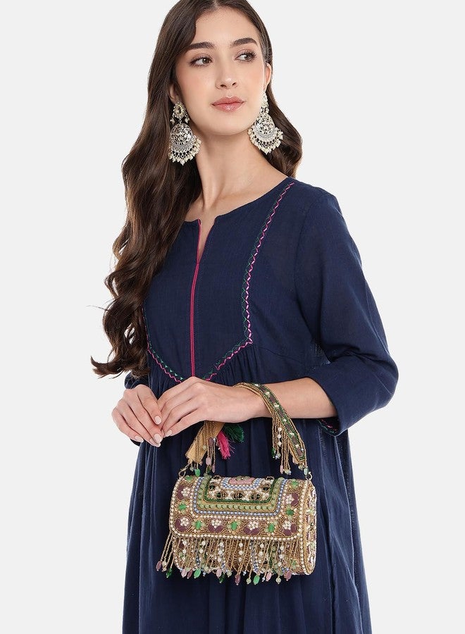 Anekaant Blush & Bead Embellished Gold Velvet Clutch for Women | Designer Handbag for Weddings & Parties - Image 2