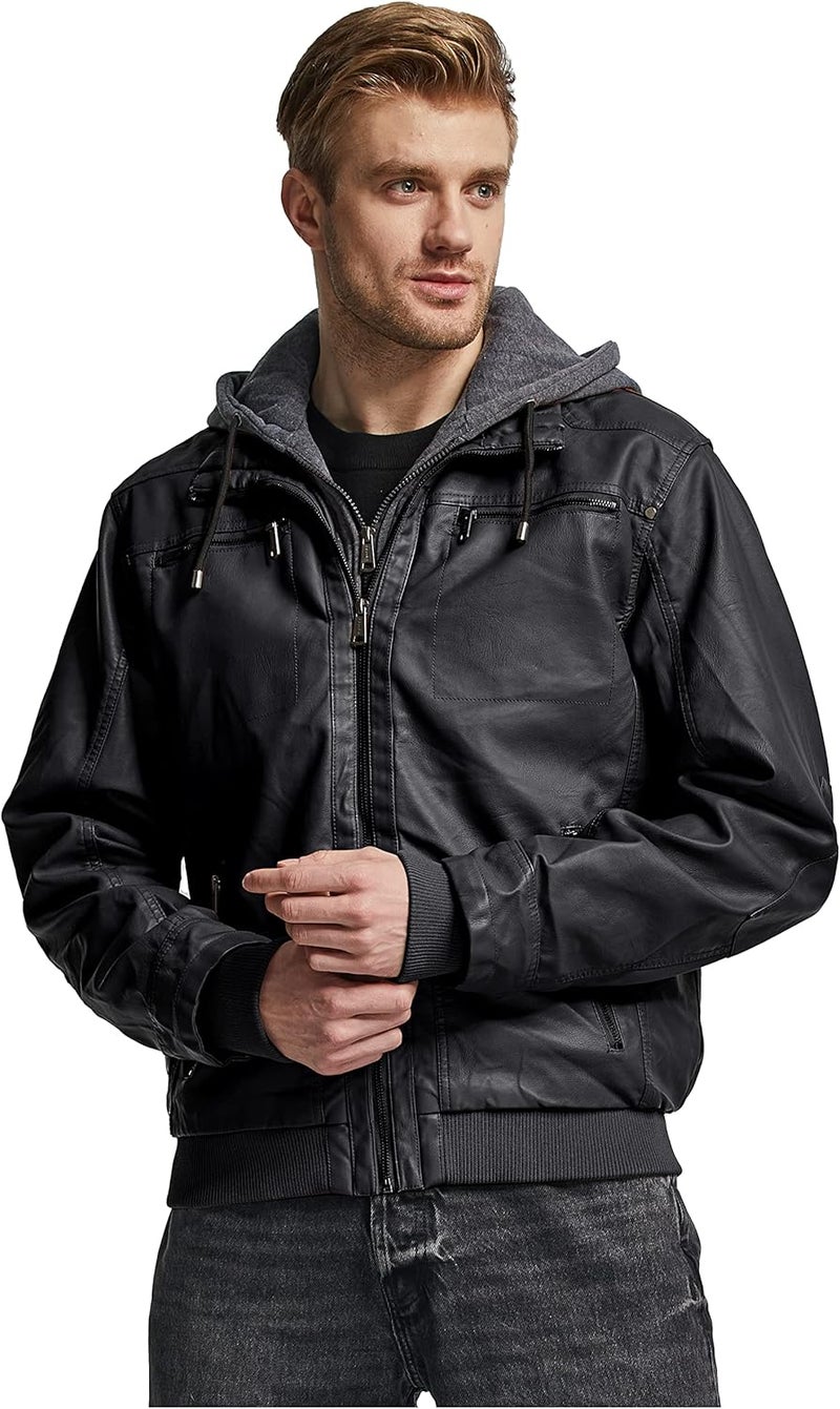 Wantdo Men's Faux Leather Motorcycle Jacket with Removable Hood - Black - Image 4