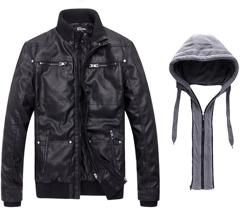 Wantdo Men's Faux Leather Motorcycle Jacket with Removable Hood - Black - Image 2