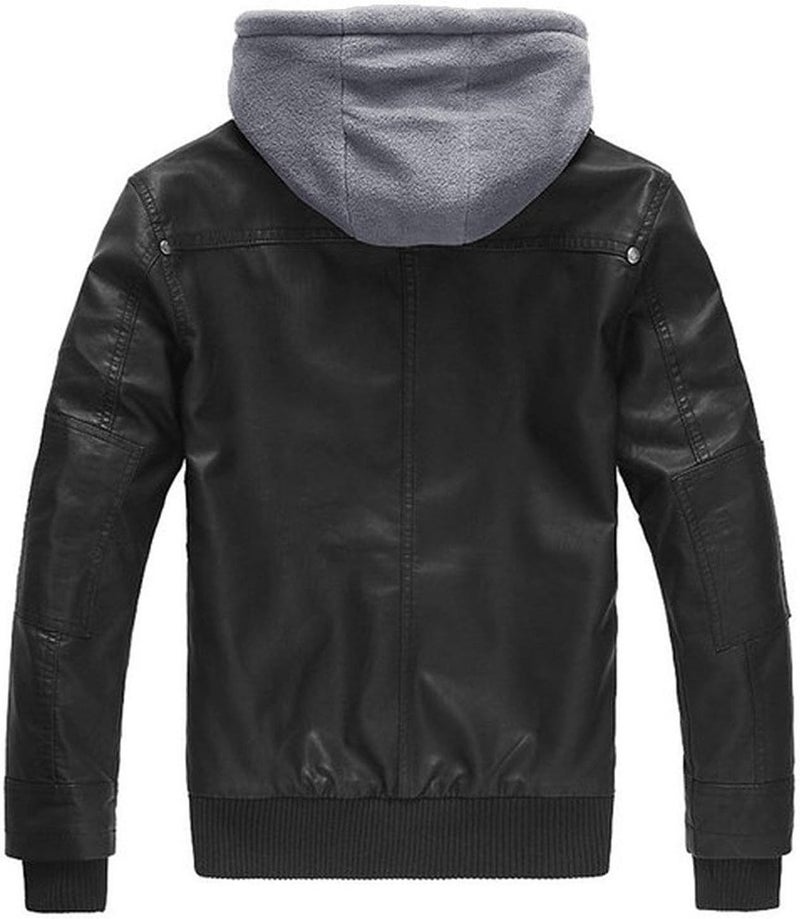 Wantdo Men's Faux Leather Motorcycle Jacket with Removable Hood - Black - Image 3
