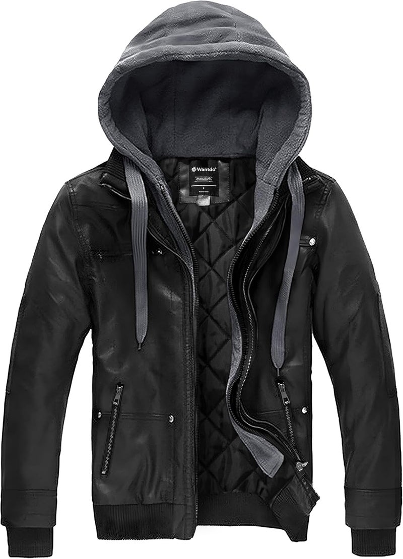 Wantdo Men's Faux Leather Motorcycle Jacket with Removable Hood - Black - Image 1
