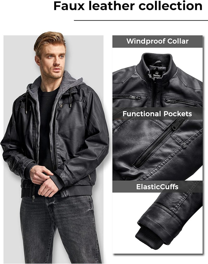 Wantdo Men's Faux Leather Motorcycle Jacket with Removable Hood - Black - Image 5