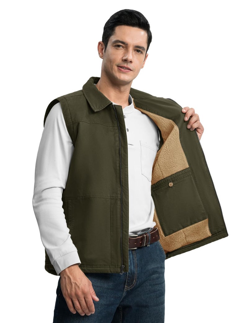 TBMPOY Men's Winter Vest Casual Sherpa Fleece lined Full Zip Lightweight Vest Outerwear Warm Cotton Travel Jackets Army Green XL - Image 4