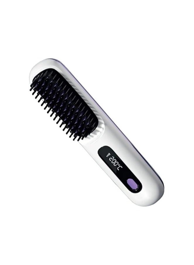 Denx Portable Straightener Brush, Dual-Use Negative Ion Wireless Hair Straightener Comb with LED Display, Rechargeable, White - Image 1