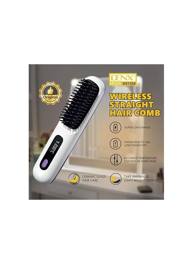 Denx Portable Straightener Brush, Dual-Use Negative Ion Wireless Hair Straightener Comb with LED Display, Rechargeable, White - Image 2