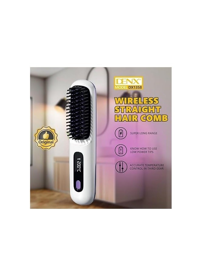 Denx Portable Straightener Brush, Dual-Use Negative Ion Wireless Hair Straightener Comb with LED Display, Rechargeable, White - Image 3