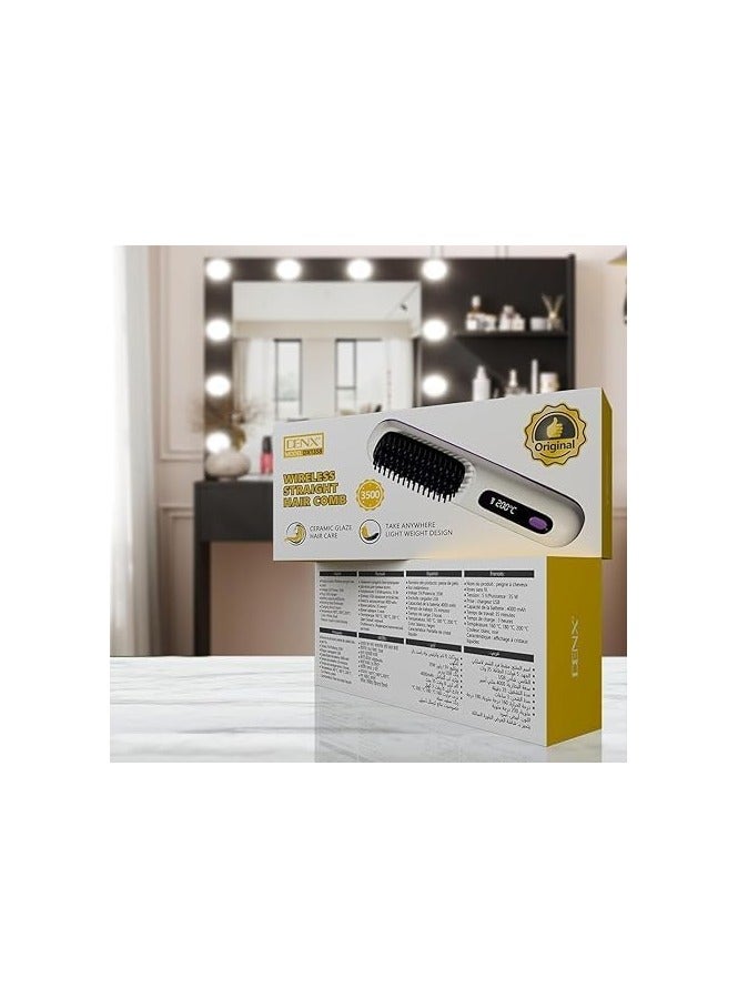 Denx Portable Straightener Brush, Dual-Use Negative Ion Wireless Hair Straightener Comb with LED Display, Rechargeable, White - Image 4