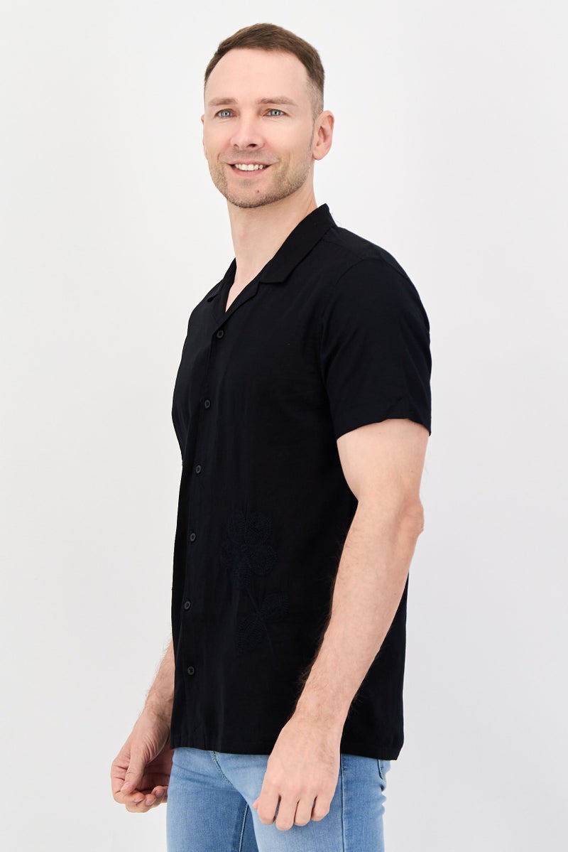 Threadbare Men Regular Fit Short Sleeve Embroidered Casual Shirt, Black - Image 2