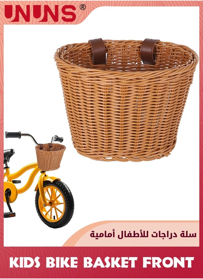 UNUNS Kids Bike Basket Front,Front Bicycle Bike Baskets For Kids,Small Wicker Bike Basket For Boys and Girls,Toddler Scooter Handlebar Basket,21x16x16cm,Brown  - Image 1