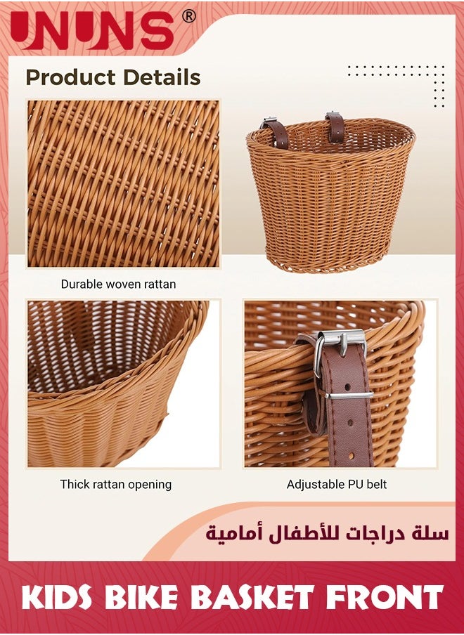 UNUNS Kids Bike Basket Front,Front Bicycle Bike Baskets For Kids,Small Wicker Bike Basket For Boys and Girls,Toddler Scooter Handlebar Basket,21x16x16cm,Brown  - Image 2