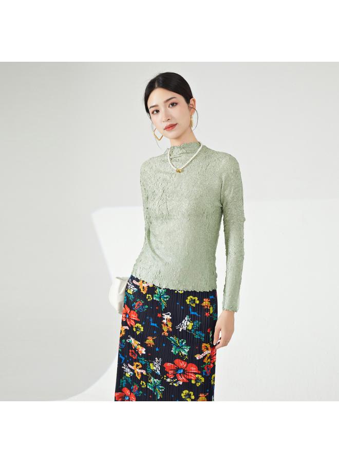 Shenzhen Nanyou Women's Half Turtleneck Bottoming Shirt Flat Pleated Slim Elastic Slimming Long Sleeve Sanzhai Style Pleated Top 