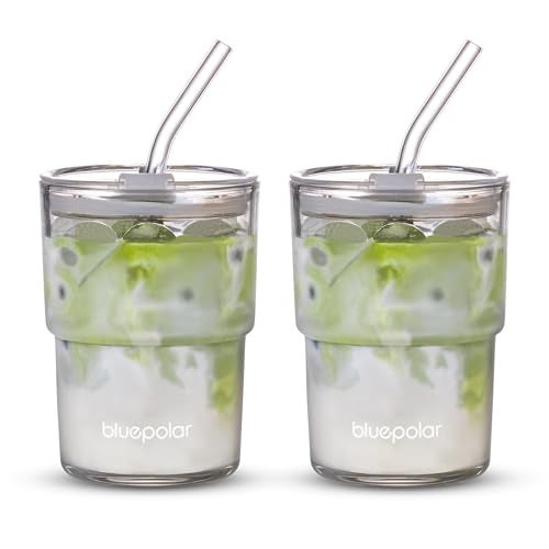 BLUEPOLAR 13oz/400ml Glass Water Tumbler with Straw and Lid Sealed Carry On Thick Wall Iced Coffee Cup Glass Cup for Water, Iced Tea Fruit Juice Etc (Aurora White,2Pack… - Image 1