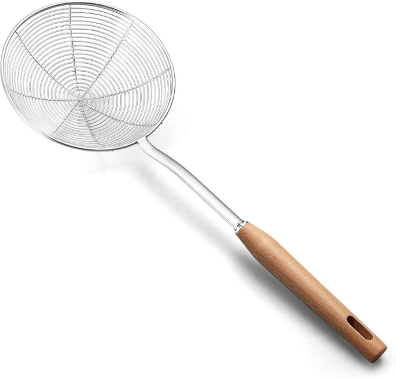 Spider Skimmer Ladle with Wooden Handle, Wire Skimmer Strainer Slotted Spoon for Kitchen Pasta Spaghetti (6.3 Inch/16CM)