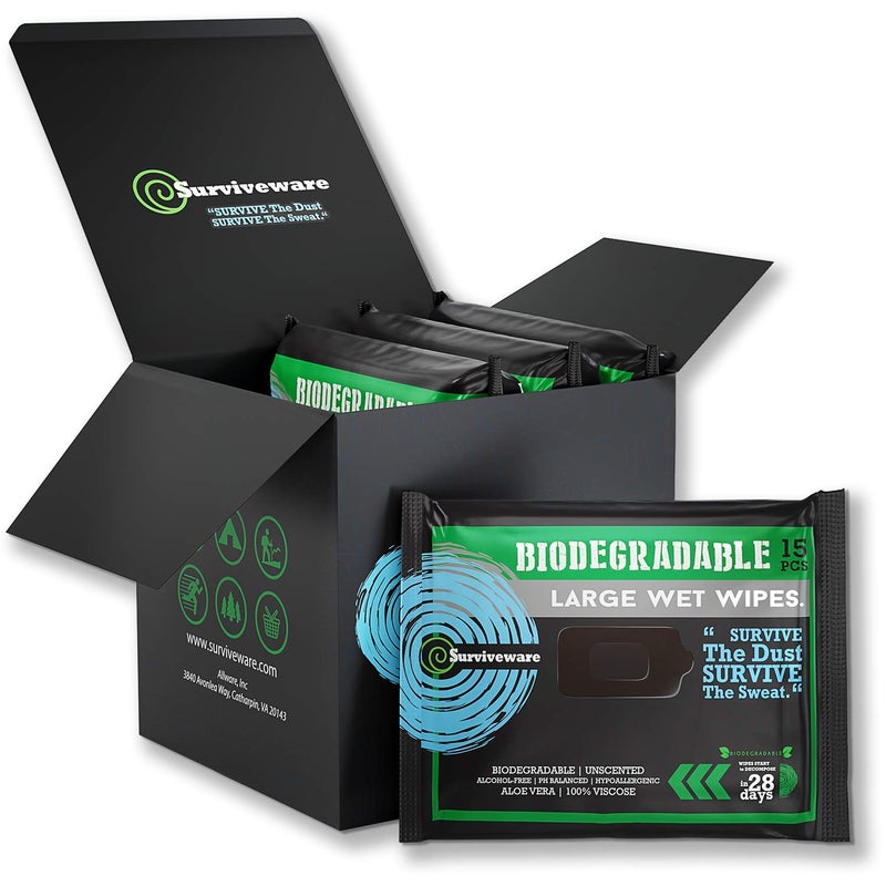 Surviveware Biodegradable Wipes Men or Women - Shower Wet Wipes Face, Body & Butt - Outdoors, Travel, Camping & Post Workout - Total of 60 Wipes - 15 Count, Pack of 4 - Image 1