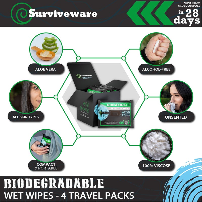 Surviveware Biodegradable Wipes Men or Women - Shower Wet Wipes Face, Body & Butt - Outdoors, Travel, Camping & Post Workout - Total of 60 Wipes - 15 Count, Pack of 4 - Image 3