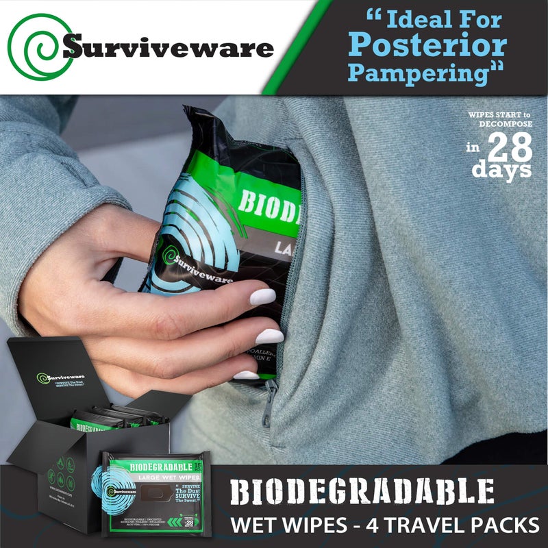 Surviveware Biodegradable Wipes Men or Women - Shower Wet Wipes Face, Body & Butt - Outdoors, Travel, Camping & Post Workout - Total of 60 Wipes - 15 Count, Pack of 4 - Image 4