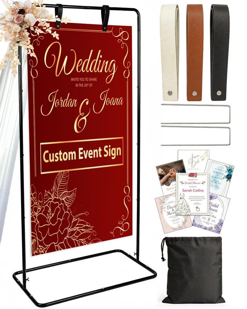 OLEEK Adjustable wedding welcome sign stand - Customizable design bundle for linen sign stand - wedding sign holder - welcome wedding sign - wedding signage with 6 Leather Hanging straps - Image 1