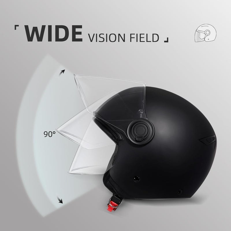 triangle خوذة دراجة نارية مفتوحة الوجه مع واقي للرؤية للبالغين - أسود غير لامع - Image 3