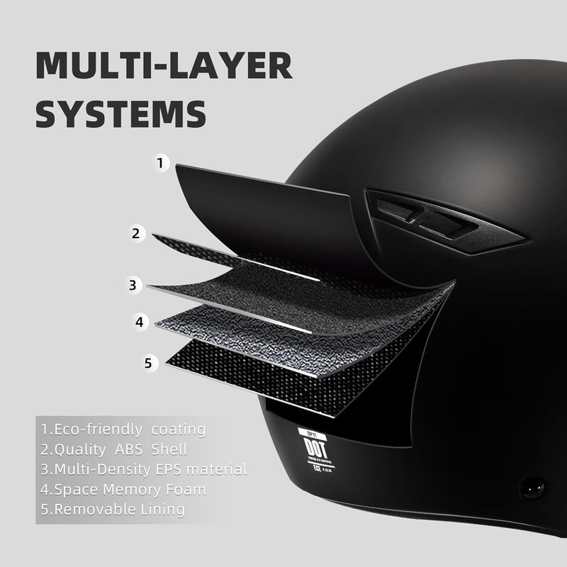 triangle خوذة دراجة نارية مفتوحة الوجه مع واقي للرؤية للبالغين - أسود غير لامع - Image 2