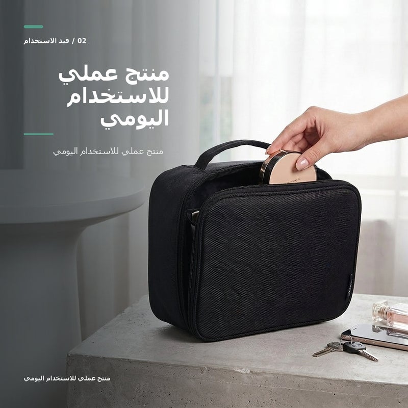 حقيبة مكياج احترافية بسعة كبيرة وبمقبض حمل وتنظيم عملي لـ المكياج وأدوات التجميل والتخزين اليومي أثناء السفر باللون أسود منظم مع مقبض - Image 3