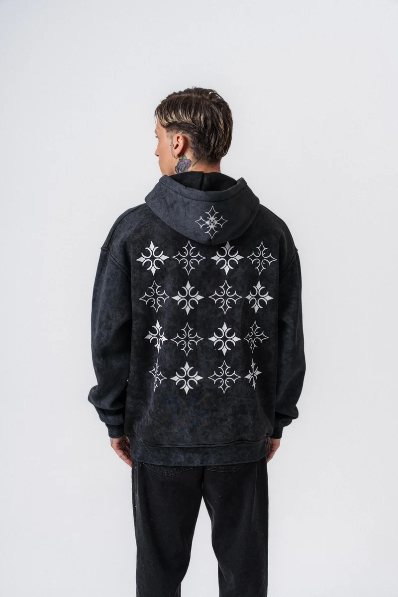 RESPIRE Men's Muse Printed Washed Hooded Oversize Hoodie Black