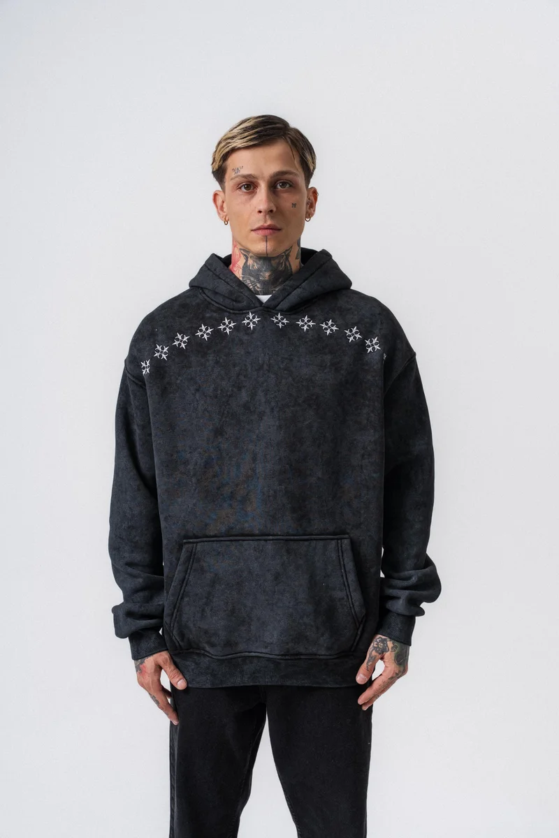RESPIRE Men's Muse Printed Washed Hooded Oversize Hoodie Black