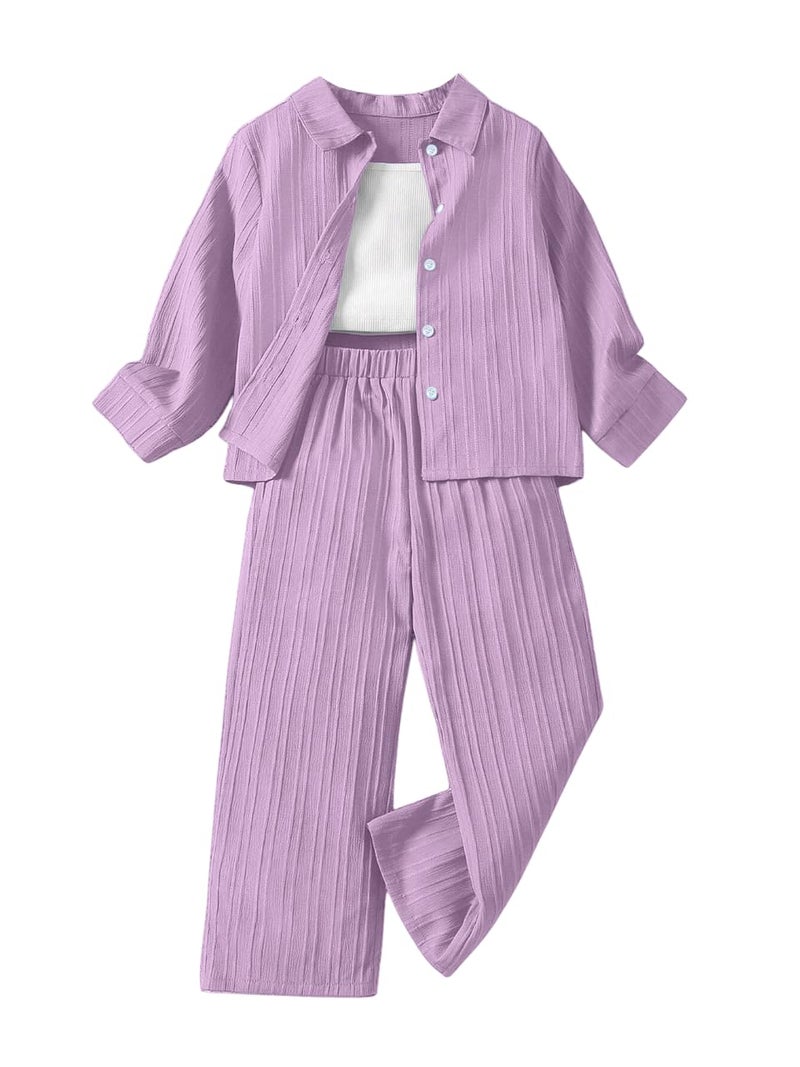 TAGAS Store Tagas Girl Casual 3 Piece Set: Camisole Top, Long Sleeve Shirt, and Straight Pants - Image 1