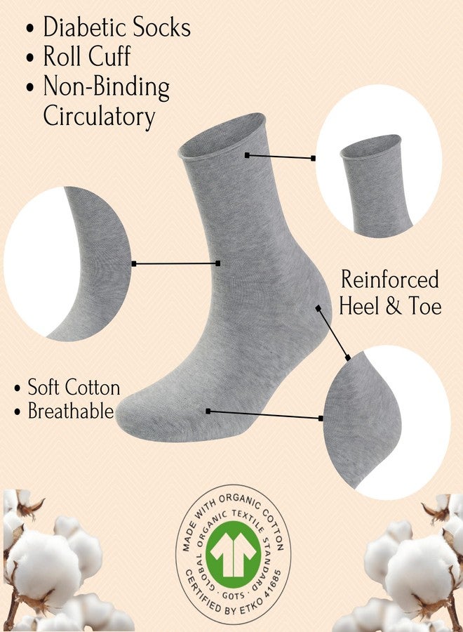 Phoenix Socks جوارب فينيكس، 3 أزواج من الجوارب القطنية العضوية لمرضى السكري من النساء، بقصة فضفاضة وحافة مطوية، مناسبة للحوامل والنساء بعد الولادة وكبار السن، ذات حافة علوية واسعة غير ضاغطة، مناسبة لاعتلال الأعصاب الدوري، قابلة للتهوية (رمادي). - Image 3