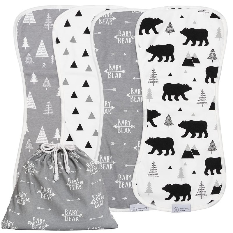 Pondering Pine Organic Burp Cloths for Baby Boys and Girls with Bag  XLarge Absorbent Burping Clothes Newborn Towel Milk Spit Up Rags Burpy Cloth Bib for Unisex Boy Girl Baby Bear Woodland 4 Pack - Image 1